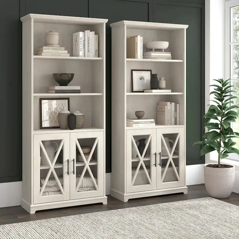 Linen White Oak 5-Shelf Bookcase with Glass Doors, Set of 2