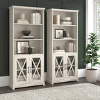 Linen White Oak 5-Shelf Bookcase with Glass Doors, Set of 2