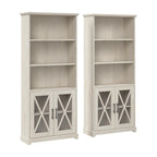 Linen White Oak 5-Shelf Bookcase with Glass Doors, Set of 2