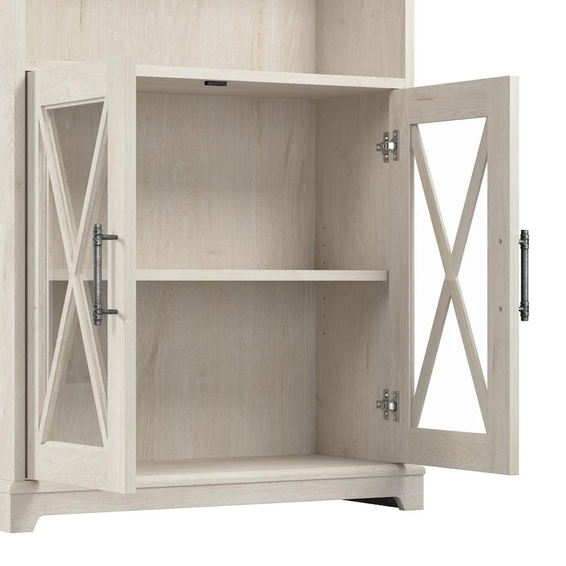 Linen White Oak 5-Shelf Bookcase with Glass Doors, Set of 2