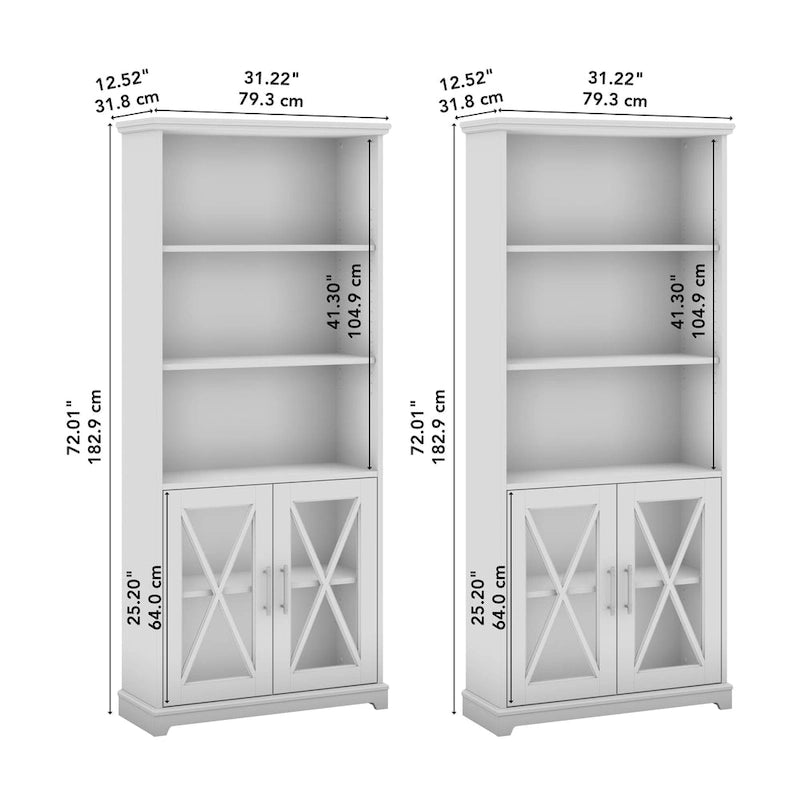 Linen White Oak 5-Shelf Bookcase with Glass Doors, Set of 2