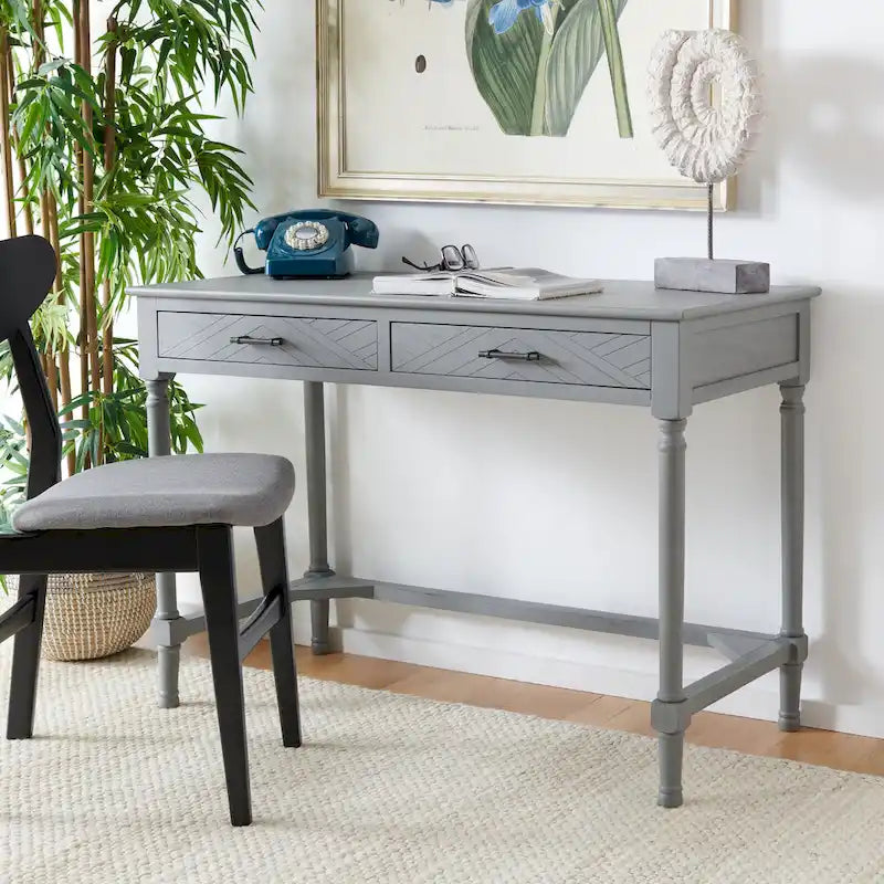 2-Drawer Writing Desk with Chevron Pattern – Black, Taupe, Distressed Grey & White