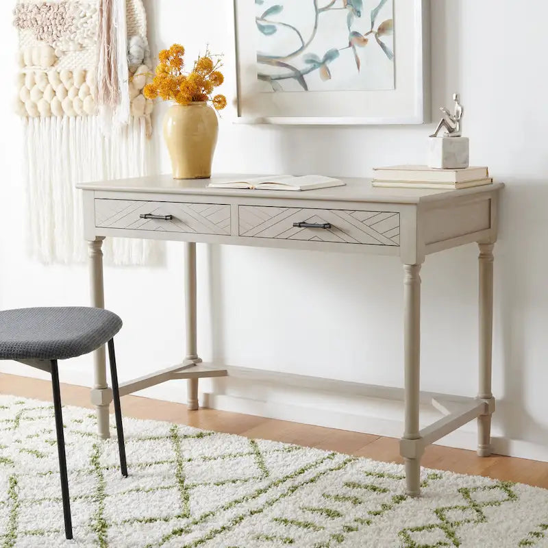 2-Drawer Writing Desk with Chevron Pattern – Black, Taupe, Distressed Grey & White