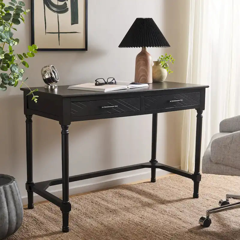 2-Drawer Writing Desk with Chevron Pattern – Black, Taupe, Distressed Grey & White