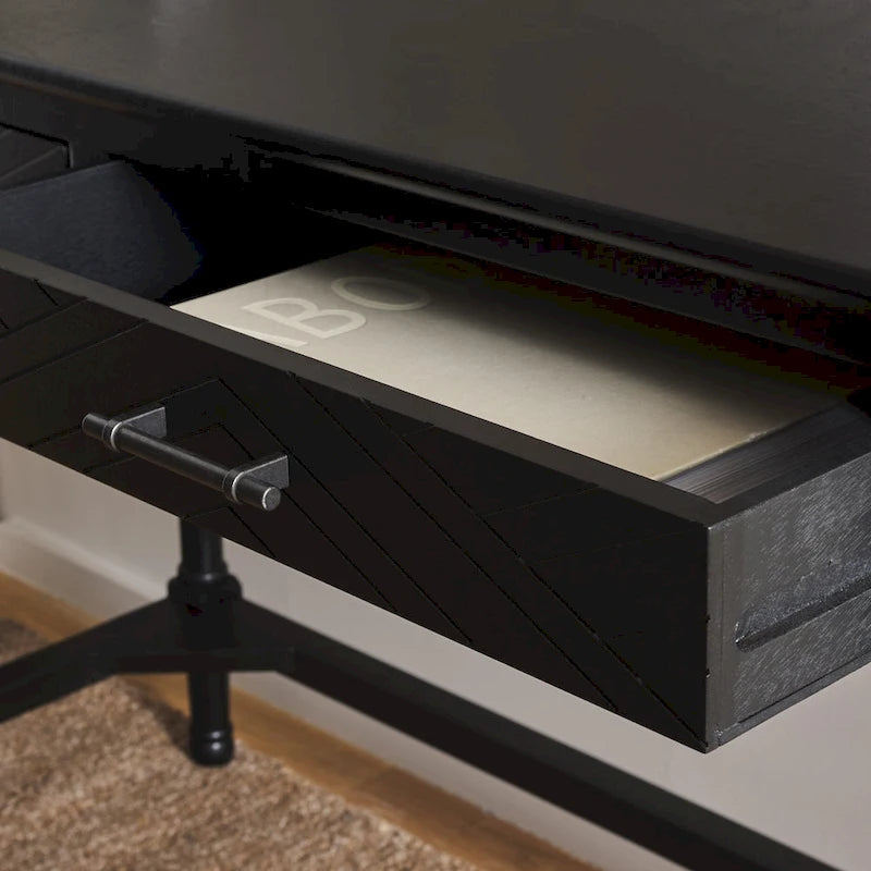 2-Drawer Writing Desk with Chevron Pattern – Black, Taupe, Distressed Grey & White