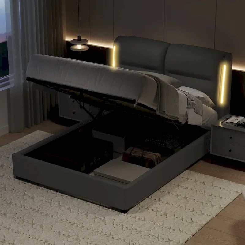 Grey Queen Hydraulic Lift Platform Bed with Storage, 1-Person