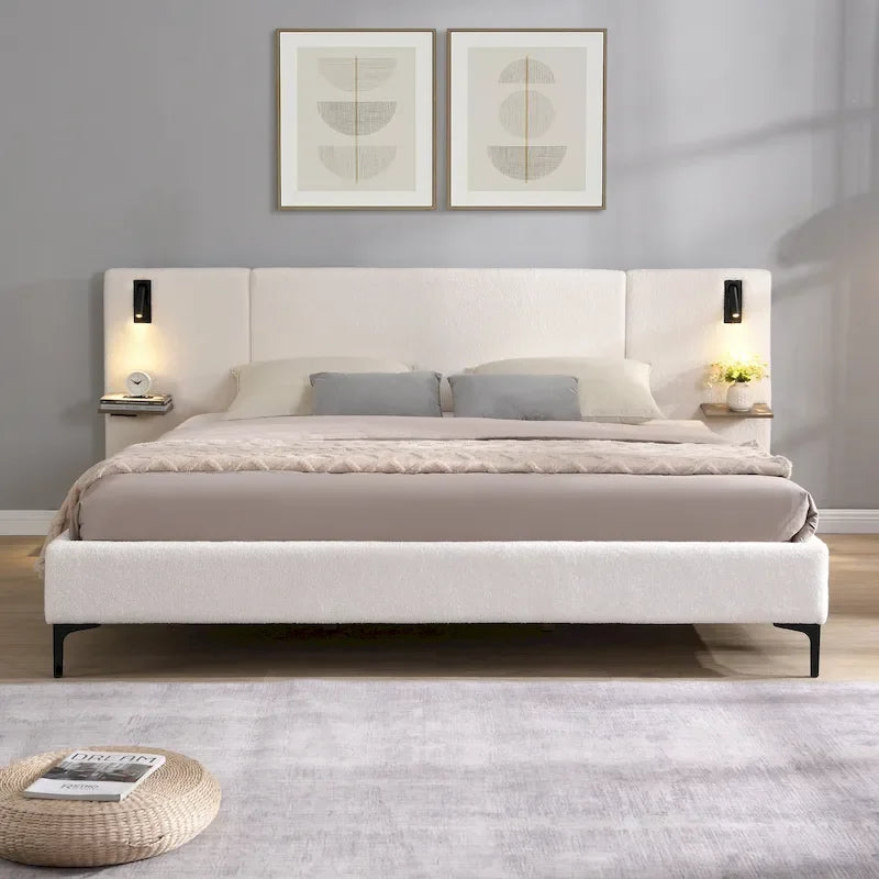 White Boucle King Upholstered Bed with Lights & Shelving