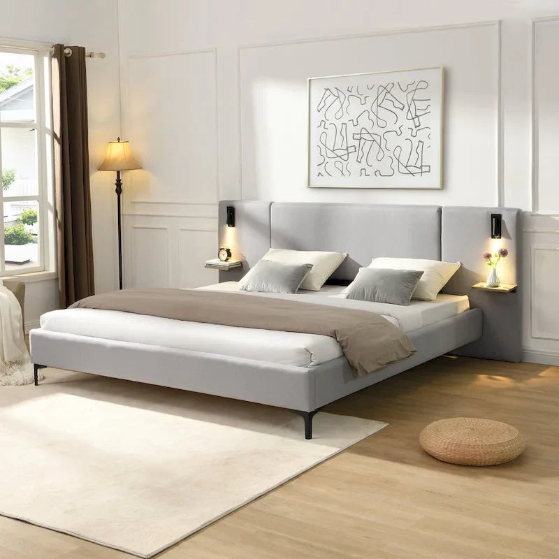 White Boucle King Upholstered Bed with Lights & Shelving