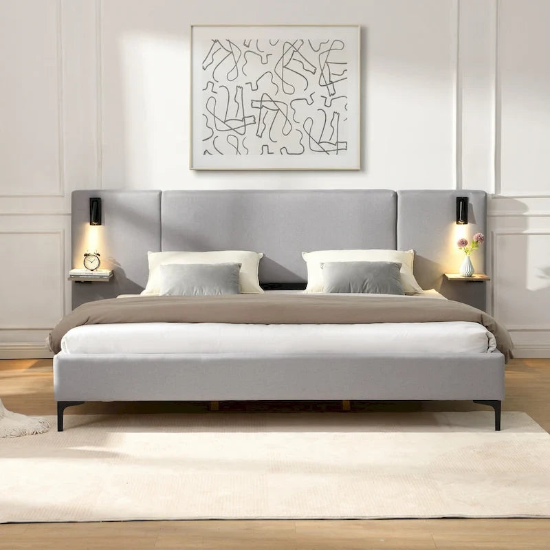 White Boucle King Upholstered Bed with Lights & Shelving