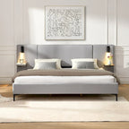 White Boucle King Upholstered Bed with Lights & Shelving