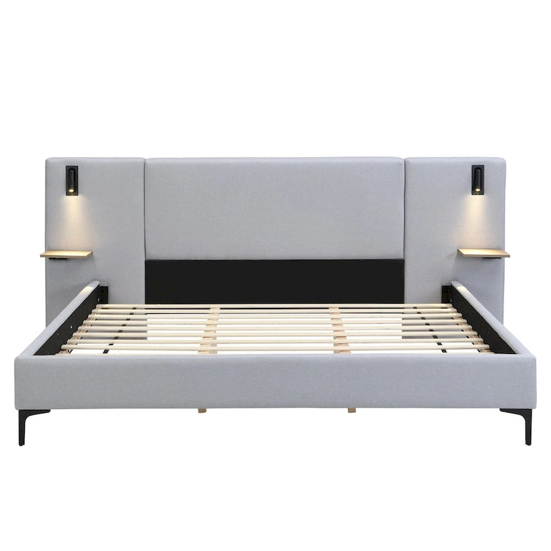 White Boucle King Upholstered Bed with Lights & Shelving