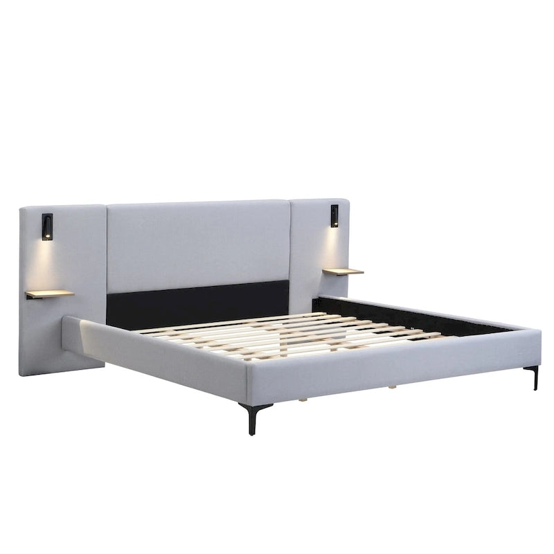 White Boucle King Upholstered Bed with Lights & Shelving