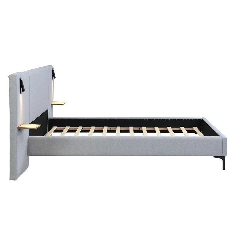 White Boucle King Upholstered Bed with Lights & Shelving
