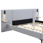White Boucle King Upholstered Bed with Lights & Shelving