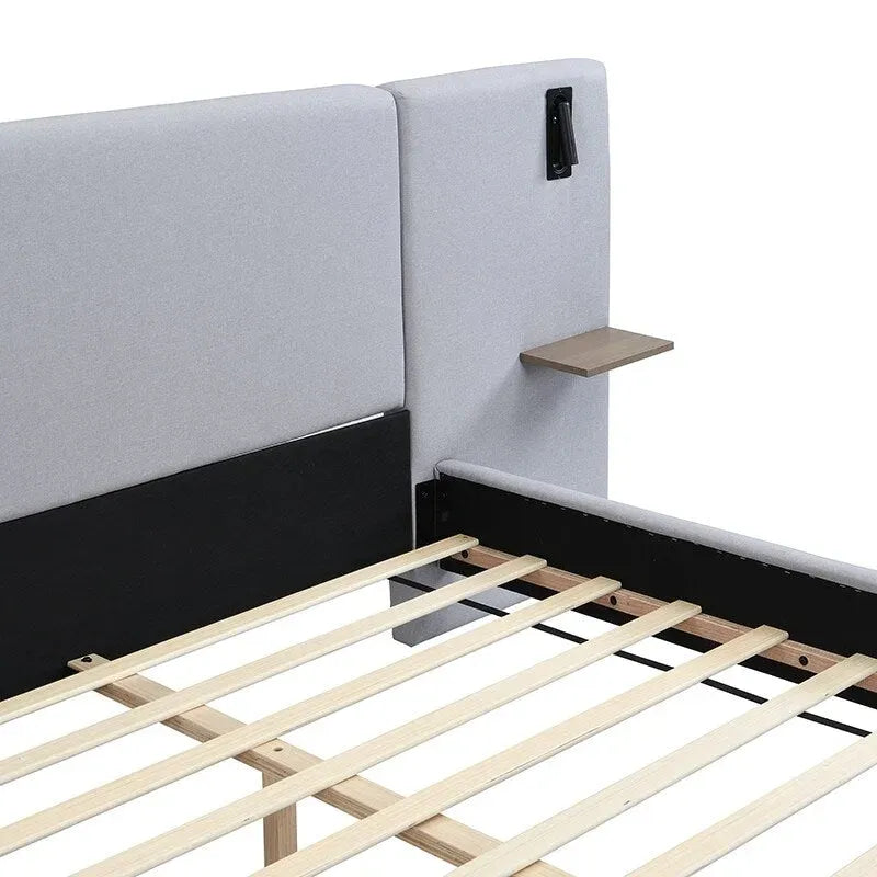 White Boucle King Upholstered Bed with Lights & Shelving