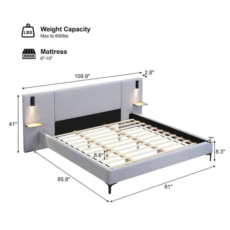 White Boucle King Upholstered Bed with Lights & Shelving
