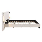 White Boucle King Upholstered Bed with Lights & Shelving