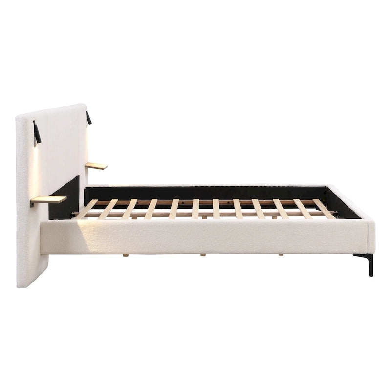 White Boucle King Upholstered Bed with Lights & Shelving