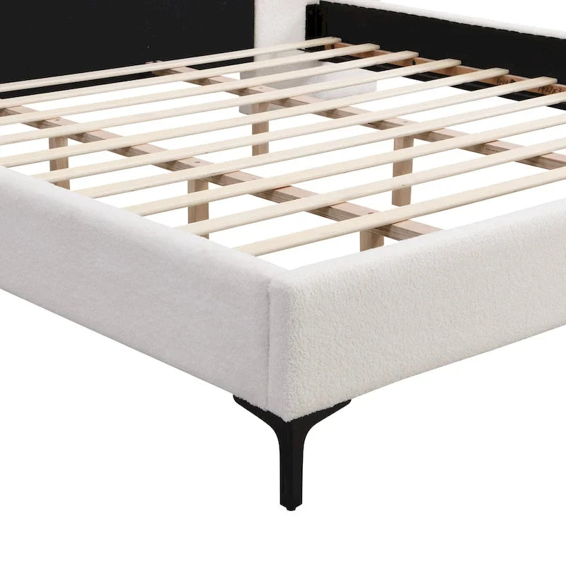White Boucle King Upholstered Bed with Lights & Shelving
