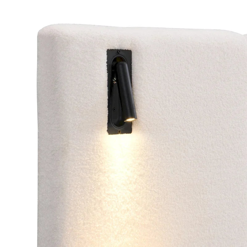 White Boucle King Upholstered Bed with Lights & Shelving