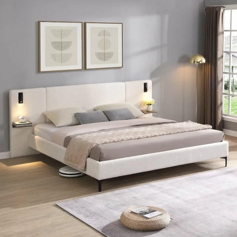 White Boucle King Upholstered Bed with Lights & Shelving