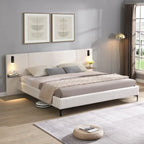 White Boucle King Upholstered Bed with Lights & Shelving