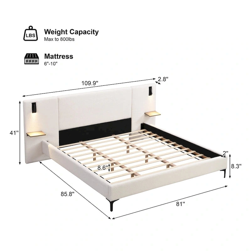 White Boucle King Upholstered Bed with Lights & Shelving