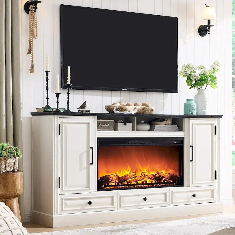 Farmhouse Style Electric Fireplace TV Stand, Fits up to 80" TV – Antique White / Black / Light Brown / Purple Oak