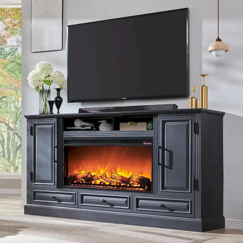 Farmhouse Style Electric Fireplace TV Stand, Fits up to 80" TV – Antique White / Black / Light Brown / Purple Oak