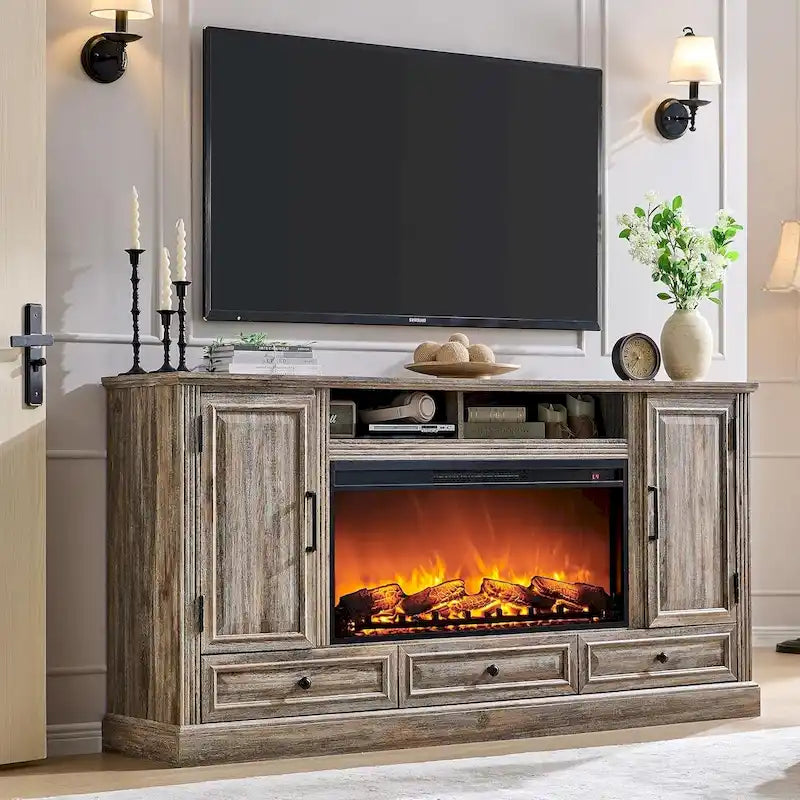 Farmhouse Style Electric Fireplace TV Stand, Fits up to 80" TV – Antique White / Black / Light Brown / Purple Oak