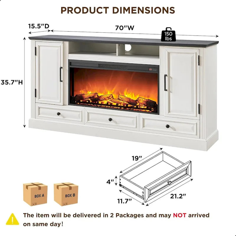 Farmhouse Style Electric Fireplace TV Stand, Fits up to 80" TV – Antique White / Black / Light Brown / Purple Oak