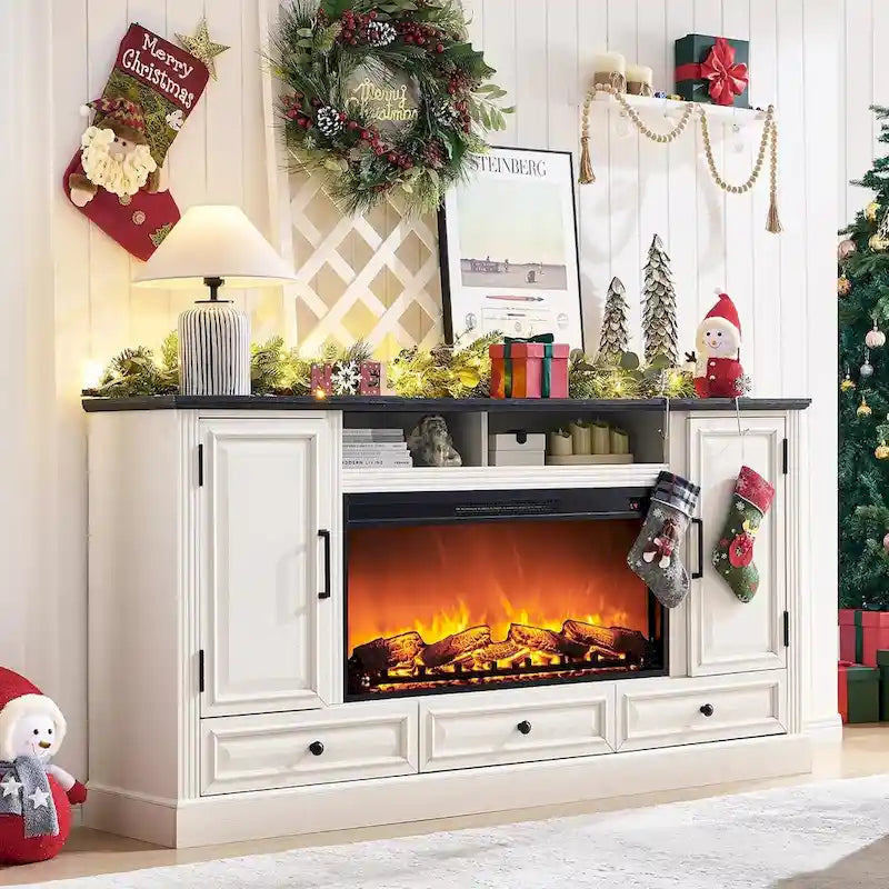 Farmhouse Style Electric Fireplace TV Stand, Fits up to 80" TV – Antique White / Black / Light Brown / Purple Oak