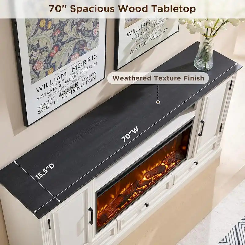 Farmhouse Style Electric Fireplace TV Stand, Fits up to 80" TV – Antique White / Black / Light Brown / Purple Oak