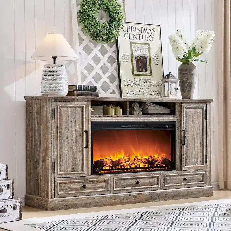 Farmhouse Style Electric Fireplace TV Stand, Fits up to 80" TV – Antique White / Black / Light Brown / Purple Oak