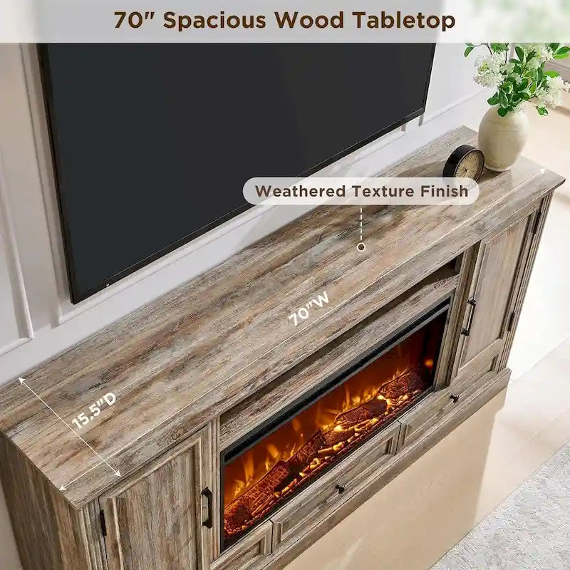 Farmhouse Style Electric Fireplace TV Stand, Fits up to 80" TV – Antique White / Black / Light Brown / Purple Oak