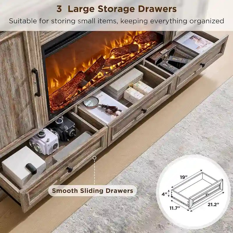 Farmhouse Style Electric Fireplace TV Stand, Fits up to 80" TV – Antique White / Black / Light Brown / Purple Oak