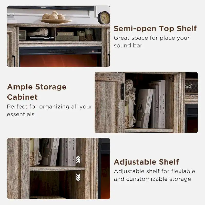 Farmhouse Style Electric Fireplace TV Stand, Fits up to 80" TV – Antique White / Black / Light Brown / Purple Oak