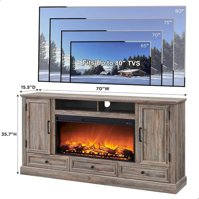 Farmhouse Style Electric Fireplace TV Stand, Fits up to 80" TV – Antique White / Black / Light Brown / Purple Oak