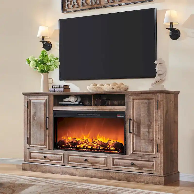 Farmhouse Style Electric Fireplace TV Stand, Fits up to 80" TV – Antique White / Black / Light Brown / Purple Oak