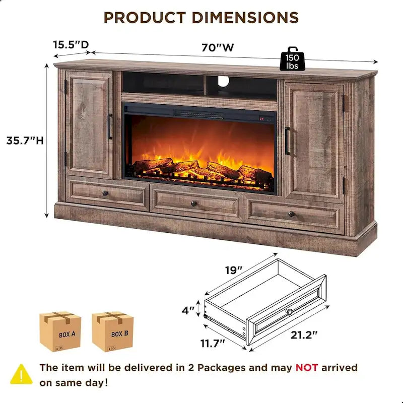 Farmhouse Style Electric Fireplace TV Stand, Fits up to 80" TV – Antique White / Black / Light Brown / Purple Oak