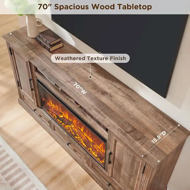 Farmhouse Style Electric Fireplace TV Stand, Fits up to 80" TV – Antique White / Black / Light Brown / Purple Oak