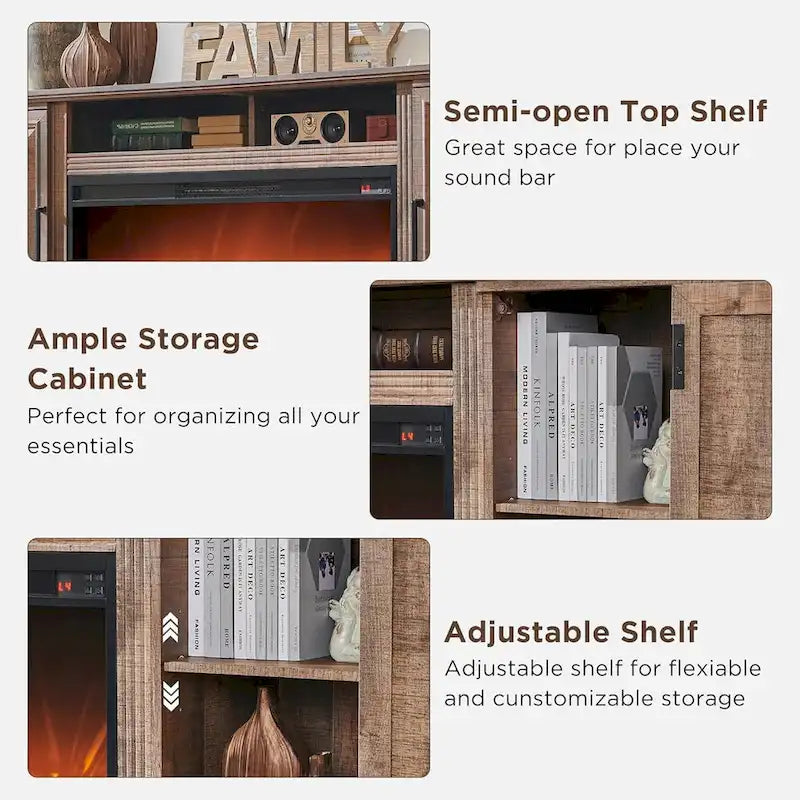 Farmhouse Style Electric Fireplace TV Stand, Fits up to 80" TV – Antique White / Black / Light Brown / Purple Oak