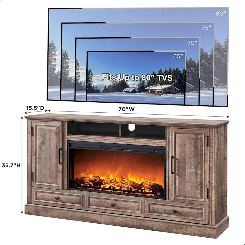 Farmhouse Style Electric Fireplace TV Stand, Fits up to 80" TV – Antique White / Black / Light Brown / Purple Oak