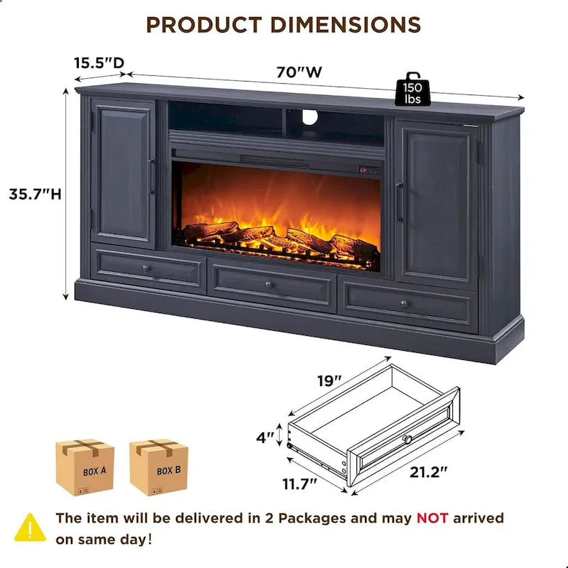 Farmhouse Style Electric Fireplace TV Stand, Fits up to 80" TV – Antique White / Black / Light Brown / Purple Oak