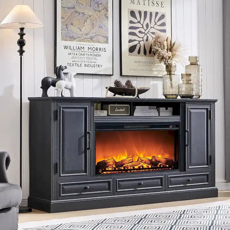 Farmhouse Style Electric Fireplace TV Stand, Fits up to 80" TV – Antique White / Black / Light Brown / Purple Oak