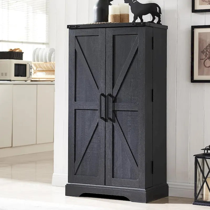 47" Farmhouse Kitchen Pantry Cabinet with Double Barn Doors – Rustic Grey / Blue / Black / White / Brown