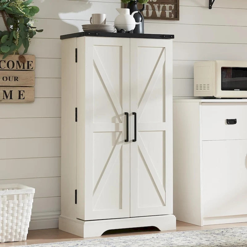 47" Farmhouse Kitchen Pantry Cabinet with Double Barn Doors – Rustic Grey / Blue / Black / White / Brown