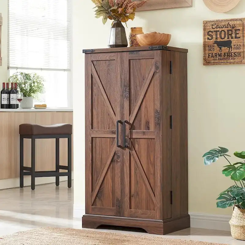 47" Farmhouse Kitchen Pantry Cabinet with Double Barn Doors – Rustic Grey / Blue / Black / White / Brown