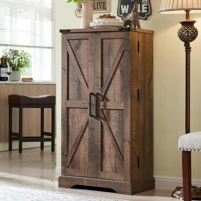 47" Farmhouse Kitchen Pantry Cabinet with Double Barn Doors – Rustic Grey / Blue / Black / White / Brown