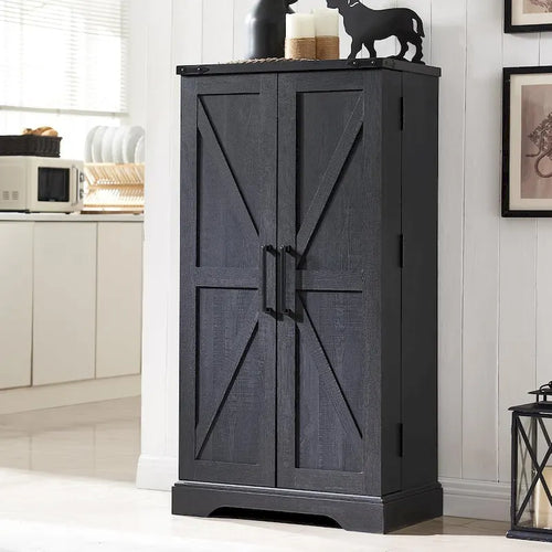 47" Farmhouse Kitchen Pantry Cabinet with Double Barn Doors – Rustic Grey / Blue / Black / White / Brown